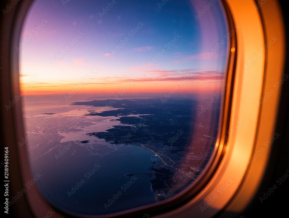 Obraz premium Aerial view from plane window shows sunset over ocean, coastline. Orange sky meets dark sea during dusk flight. City lights glow near shore as passenger travels above clouds at high altitude during