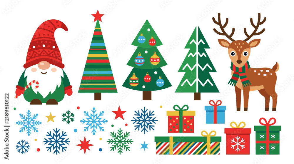 Naklejka premium Cute Christmas Characters and Decorations Isolated