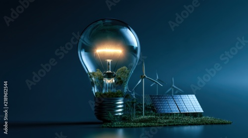 Conceptual glowing light bulb with miniature green landscape including grass, solar panel, and wind turbine on reflective surface in dark environment