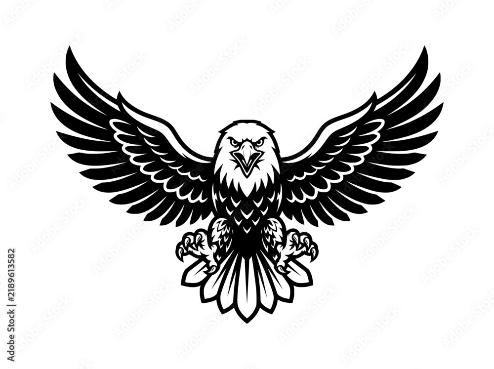 Obraz premium Majestic eagle mascot vector illustration. Powerful bald eagle with spread wings and sharp talons. Black and white predatory bird emblem for sports logos.