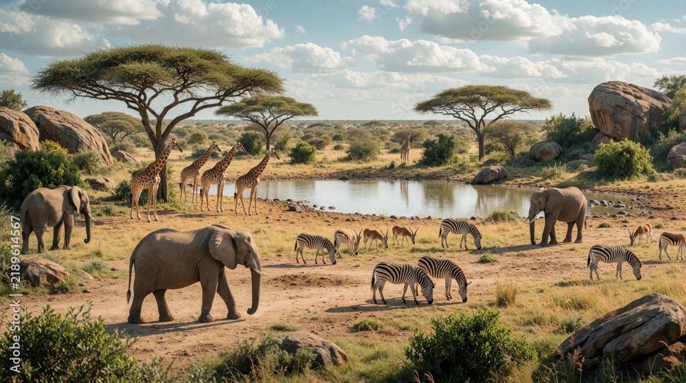 Fototapeta premium African savanna landscape with elephants giraffes zebras and gazelles near watering hole. Diverse wildlife animals gather in natural habitat under cloudy sky.