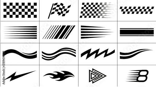 Set of black and white racing and speed design elements, including checkered flags, motion lines, flames, and abstract shapes for sports branding isolated on transparent background