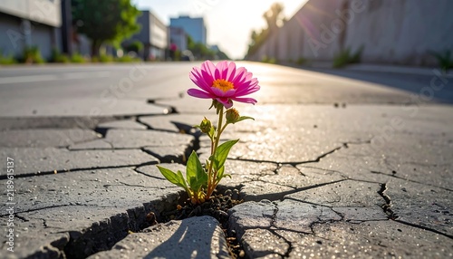 Pink flower growing from a crack in asphalt pavement in an urban street at sunset, symbol of hope, resilience, and life.