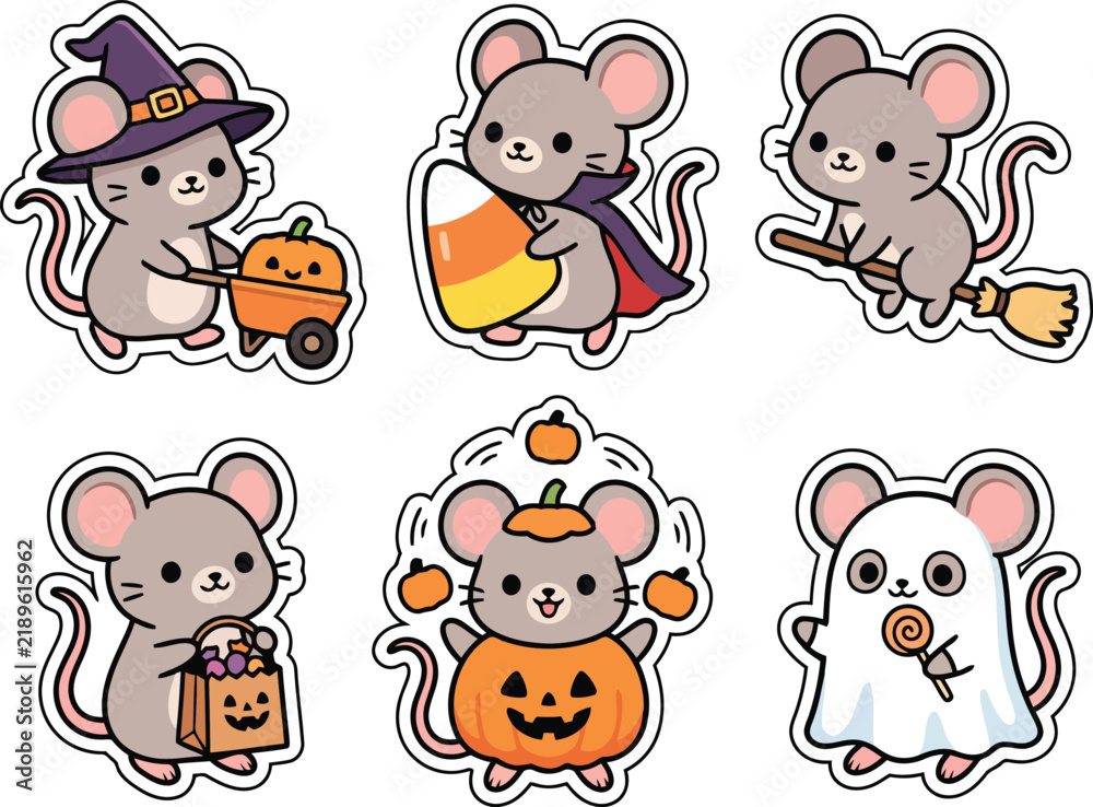 Fototapeta premium Cute mouse halloween sticker collection with pumpkin witch cape and ghost costumes for festive craft design.