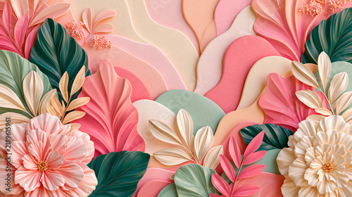 ピンクの花と緑の葉が囲むパステルカラーの立体ボタニカル背景