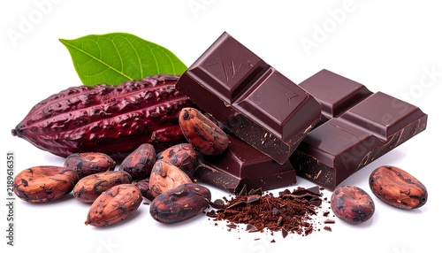 Dark chocolate bar pieces with fresh cocoa pod, raw beans, grated shavings, and green leaf isolated on white background