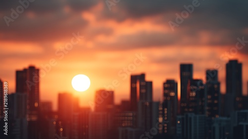A vibrant sunset casts an orange glow over a city skyline with silhouetted high-rise buildings and illuminated windows.