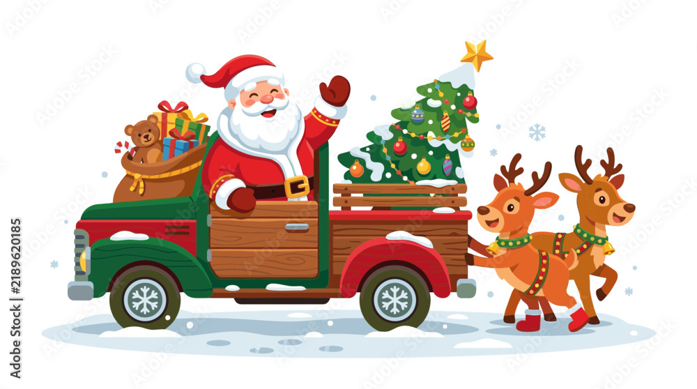 Fototapeta premium Santa Claus driving retro truck with reindeer and Christmas tree