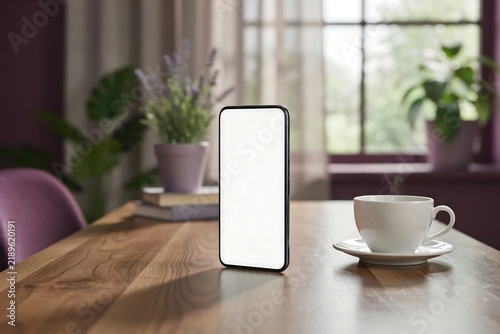 Modern smartphone with blank white screen on a wooden dining table in a cozy home interior smartphone technology interior furniture communication lifestyle workspace background business