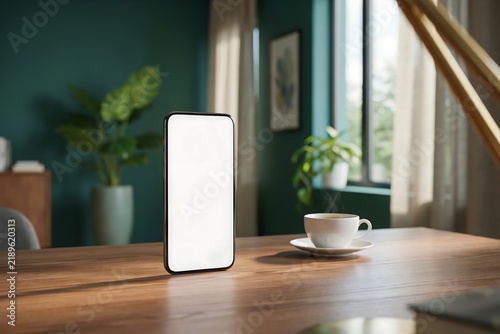 Smartphone with blank white screen on wooden table smartphone technology interior greenery electronic communication internet wireless connected business lifestyle workspace background