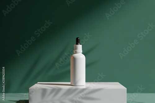 White dropper serum bottle on a minimalist display podium with natural palm leaf shadows skincare cosmetic minimalist packaging botanical lighting aesthetic treatment background presentation