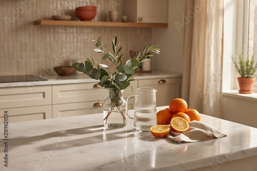 Fresh oranges and glass pitcher with eucalyptus leaves on a marble kitchen island eucalyptus breakfast interiors countertop sunlight greenery lifestyle prepared ingredients culinary