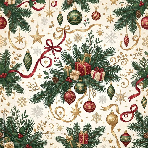 Seamless Christmas pattern featuring generic evergreen branches CHRISTMAS ASSET COLLECTIONS