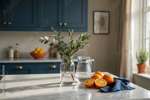 Orange fruit and eucalyptus vase in sunny kitchen with eucalyptus interior sunlight cabinets lifestyle greenery daylight wellness