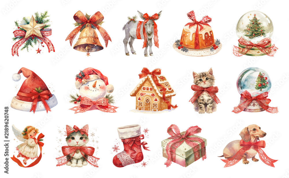 Fototapeta premium PNG Festive watercolor Christmas illustrations collection, element set on transparent background