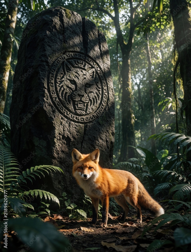 Fototapeta premium Red fox stands in front of large stone monolith with ancient animal carving in tropical jungle. Mysterious creature looks at camera near mossy rock monument. Fantasy wildlife concept shows wild