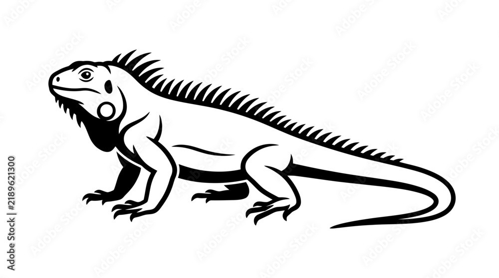 Fototapeta premium A black and white illustration of an iguana in side profile, showcasing its scales and dorsal crest.
