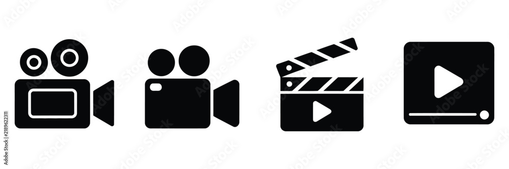 Naklejka premium Video icon featuring camera symbols for movie production, cinema, filmmaking, entertainment, recording, media, streaming, and digital design