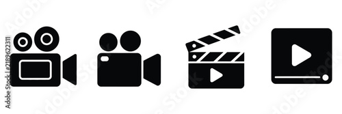 Video icon featuring camera symbols for movie production, cinema, filmmaking, entertainment, recording, media, streaming, and digital design