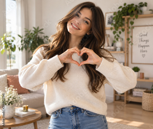 Happy Young Woman Making Heart Shape with Hands Standing at Home