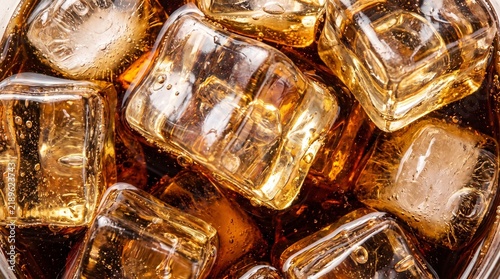 Close Up Top View of Fresh Cola Drink with Ice Cubes
