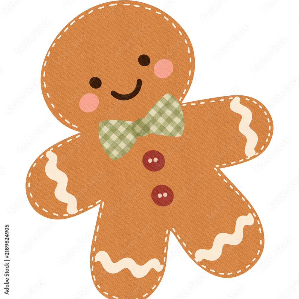 Obraz premium Cute gingerbread cookie character with bow tie and buttons for holiday marketing and branding