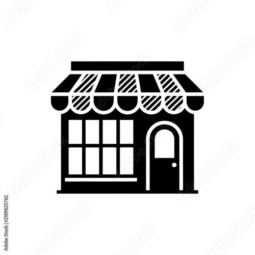 Minimalist vector icon of a black silhouette bookstore facade with segmented window, door, and striped awning on a transparent background, concept for modern retail UI/UX design