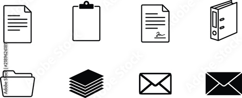 Collection of office document and storage icons isolated on transparent background