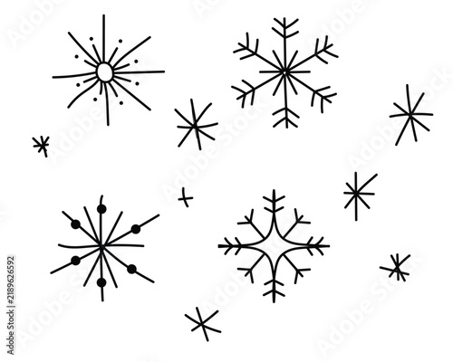 Set of various hand drawn snowflake shapes in doodle style with snowflake vector decorative elements black and white holiday season christmas seasonal monochrome illustration