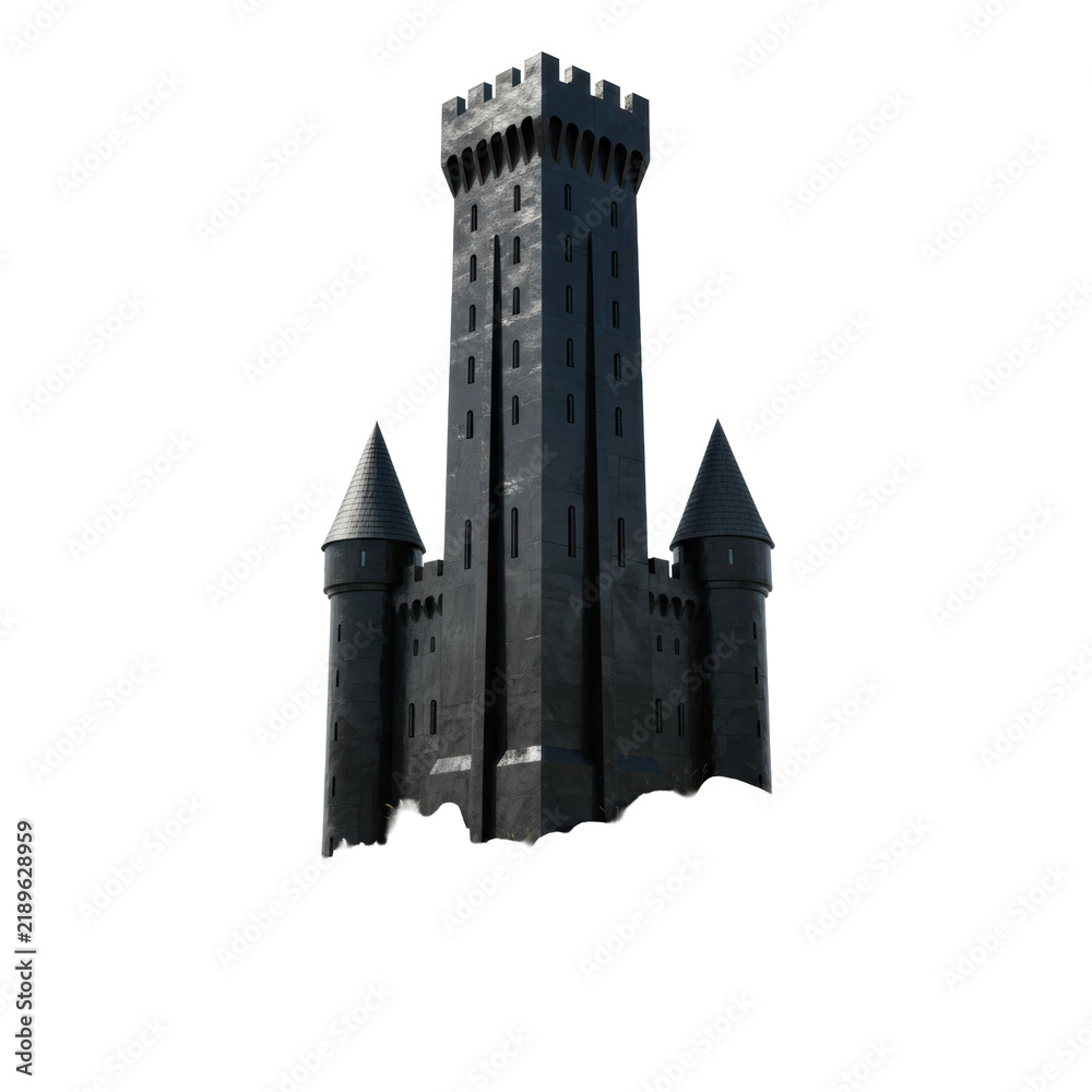 Fototapeta premium Tall medieval fantasy castle tower, black obsidian with slate-grey roofs, isolated on a craggy rock with sparse grass, against a transparent background, copy space. Concept of ancient mystery