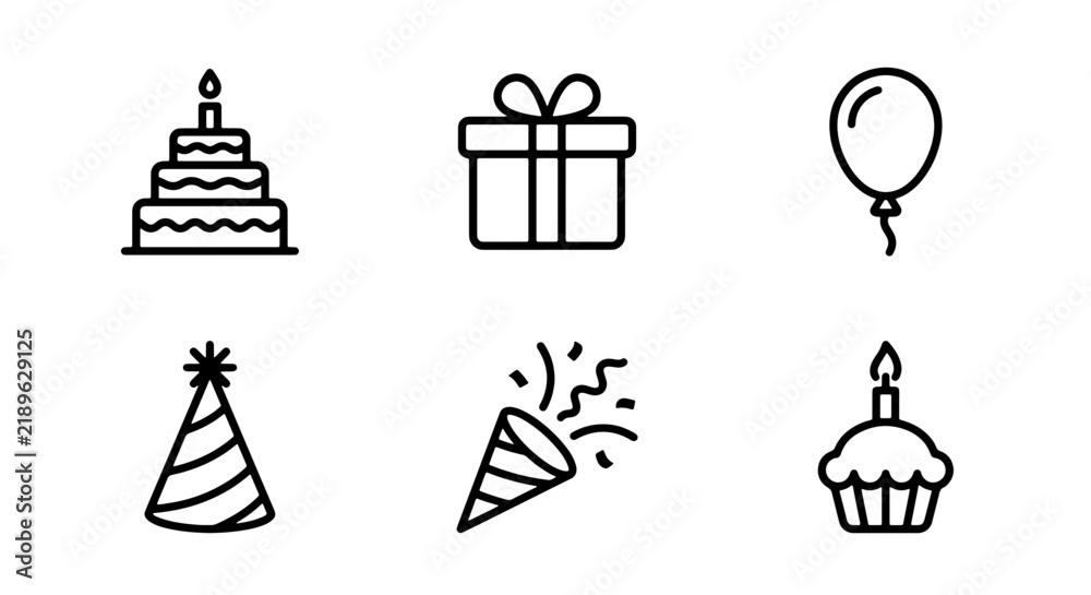 Fototapeta premium Birthday Icons Set: Cake, Gift, Balloon, Party Hat, Confetti Popper, Cupcake Vector Graphics