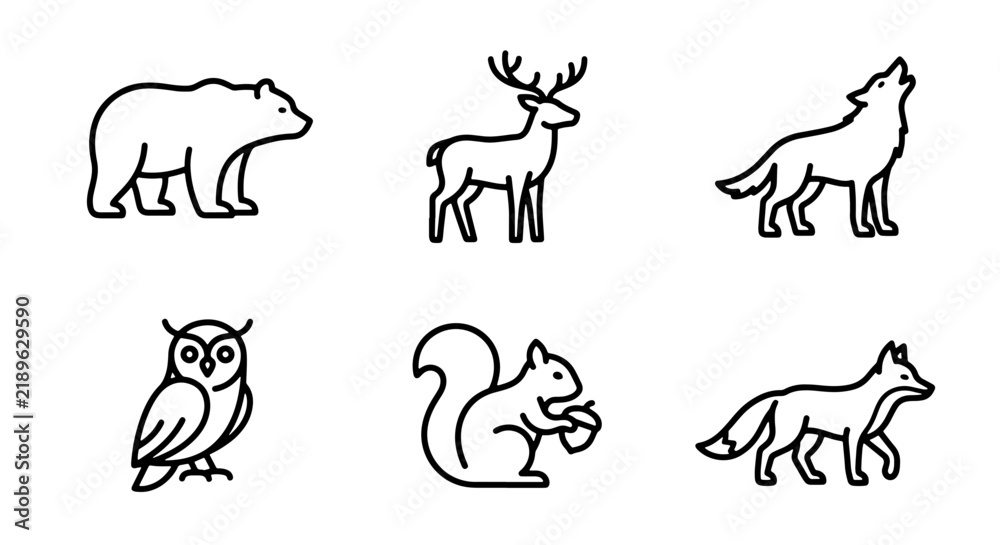 Fototapeta premium Forest Animals Icons, Wildlife Vector Graphics, Woodland Creatures Set, Nature Mammals Collection