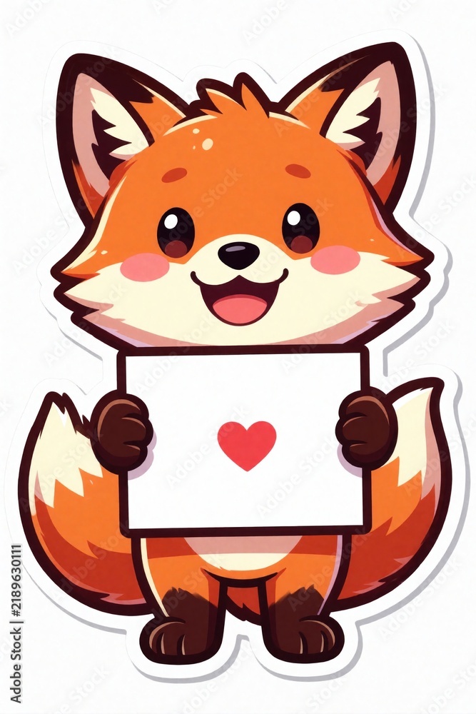 Fototapeta premium Cute orange cartoon fox character holds blank white card with red heart icon. Adorable funny animal sticker design for kids. Happy smiling woodland creature holds sign for message, love, valentine
