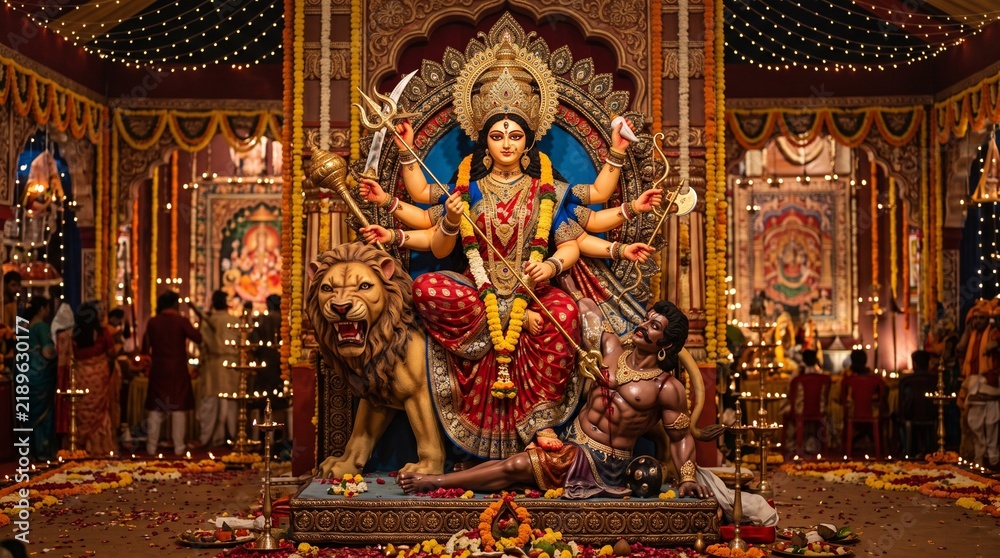 Obraz premium Traditional idol of goddess durga slaying mahishasura in a pandal