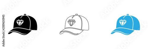 Three baseball caps with diamond logo variations isolated on transparent background, Vector