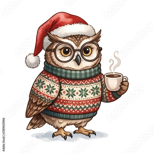 Cute owl wearing a Christmas hat and sweater holding a cup of coffee isolated on white