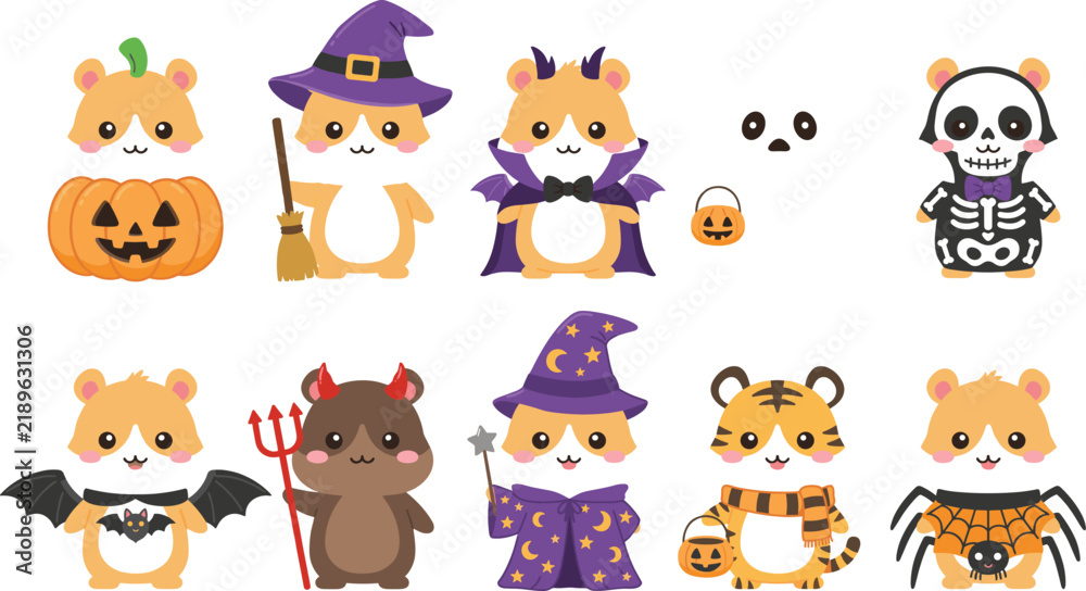 Obraz premium Cute Halloween Hamster Character Vector Set with Adorable Rodents in Pumpkin, Witch, Vampire, Skeleton, Devil, Wizard, Tiger, and Spider Costumes for Kids Festive Holiday Designs