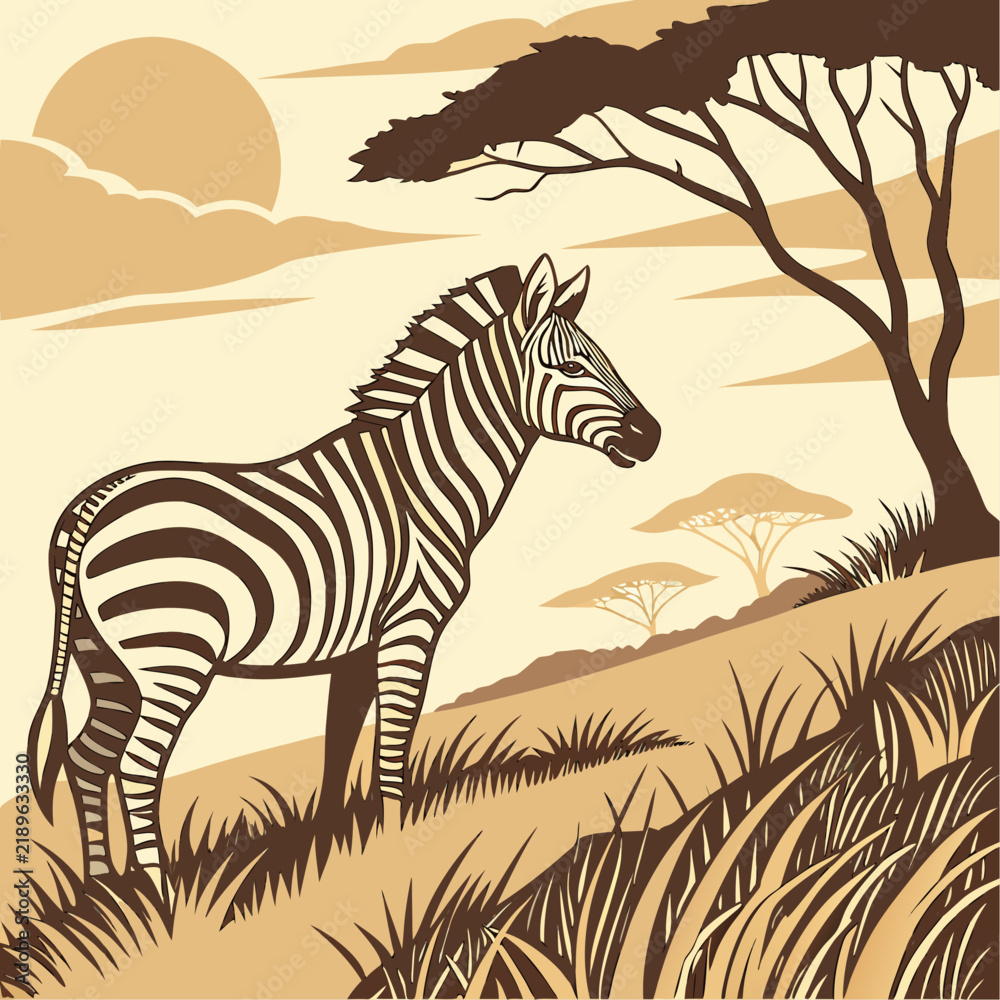 Fototapeta premium Zebra standing in the golden african savanna at sunset with safari animal