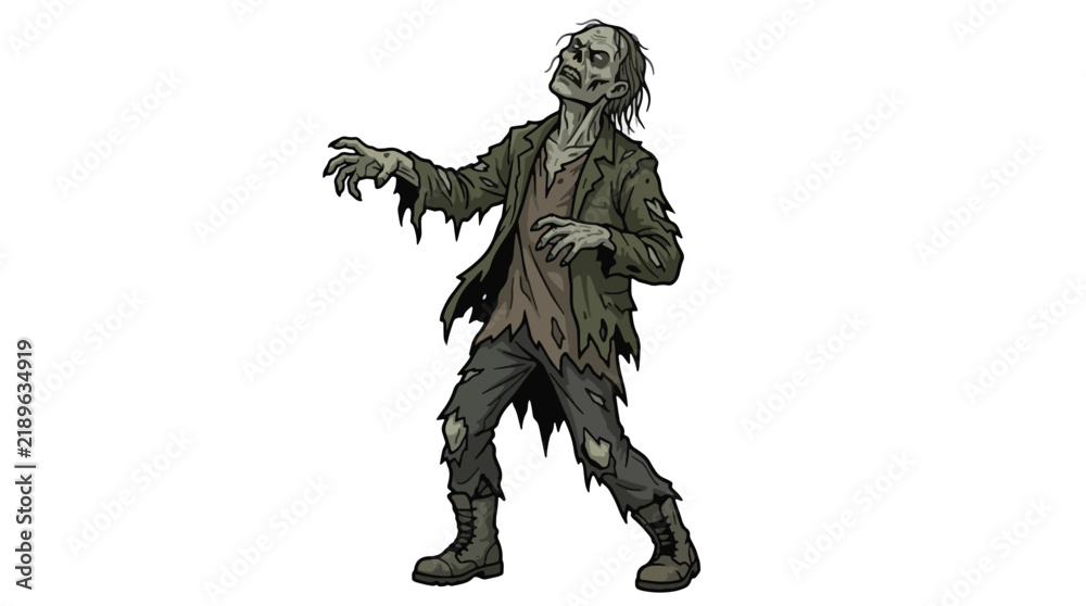 Fototapeta premium Tattered shambling zombie illustration with rotting flesh and torn clothing.