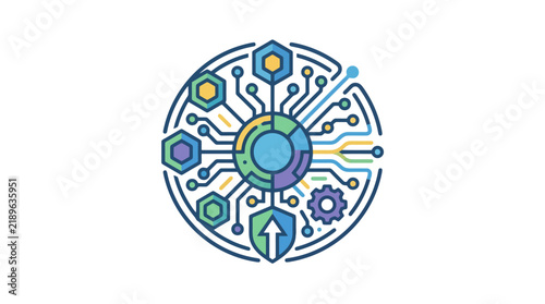 Creative Circular Tech Infographic with Hexagons Circuitry and Gear Icons in Vibrant Blue Green Purple and Yellow