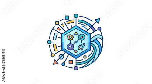 Creative Colorful Hexagonal Tech Infographic with Gear Rocket Network Nodes and Dynamic Arrows on Light