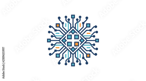 Creative Digital Circuit Network Abstract Design with Geometric Shapes and Colorful Connections