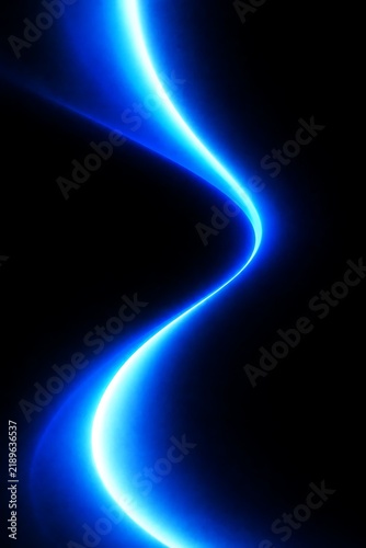 Abstract blue light wave on black background, glowing neon energy trail, futuristic motion blur effect for tech design