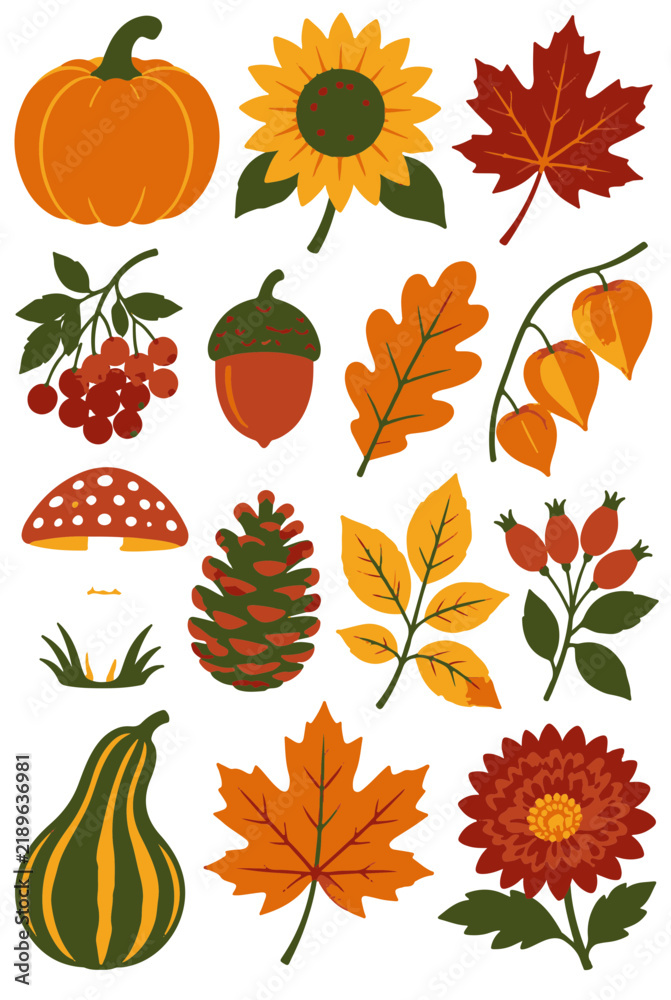 Fototapeta premium Autumn Harvest Elements Collection with Pumpkin Sunflower Maple Leaf and Forest Berries