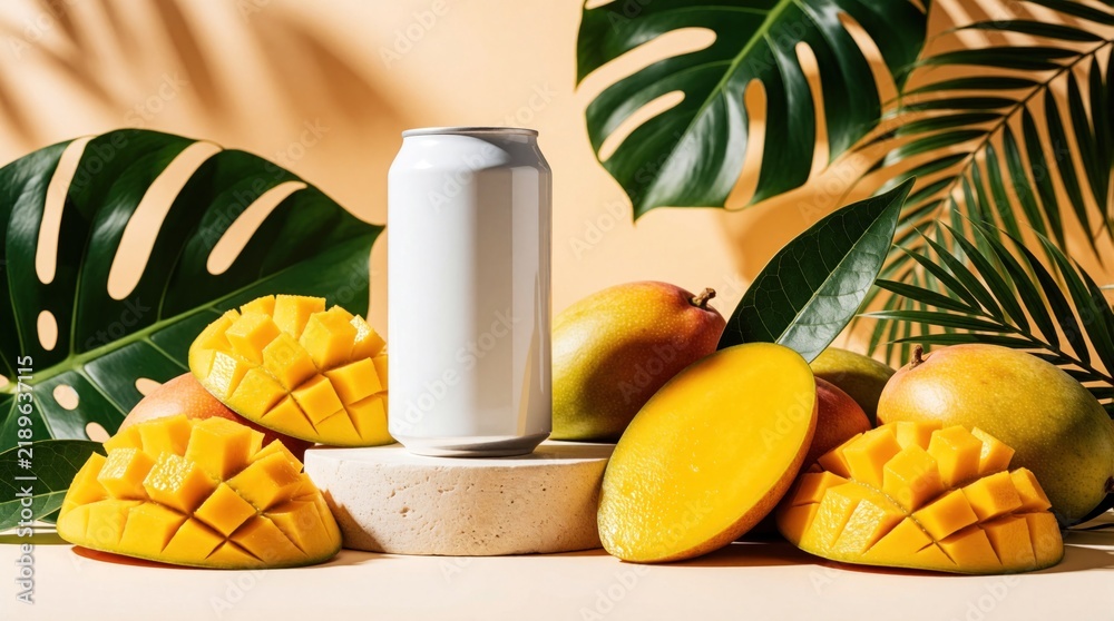 Obraz premium White aluminum sits on stone pedestal among fresh ripe mangoes, tropical monstera leaves. Sliced juicy yellow fruit surrounds blank metal soda container. Summer beverage mockup with exotic fruit,