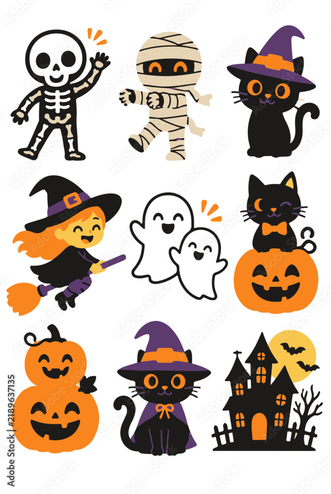 Obraz premium Cute Halloween Icon Set Featuring a Skeleton Mummy Witch Black Cat Ghosts and Haunted House
