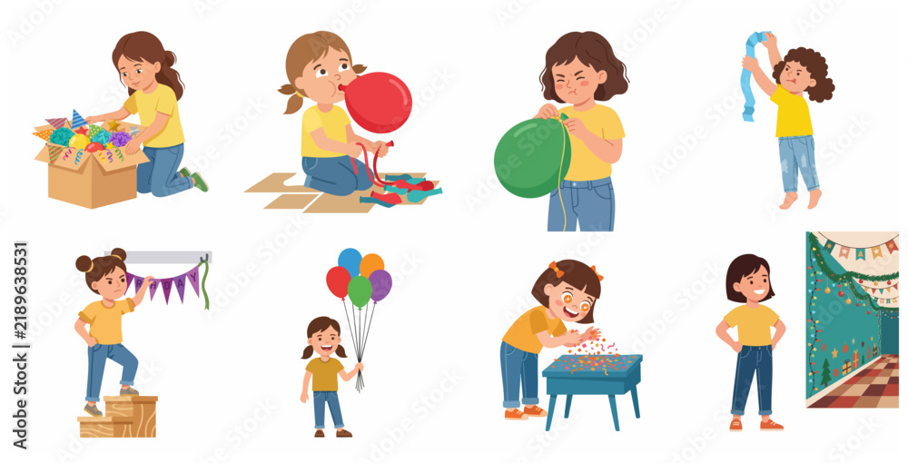 Fototapeta premium Set of Little Girl Character Preparing for Birthday Party with Balloons, Decorations, and Confetti