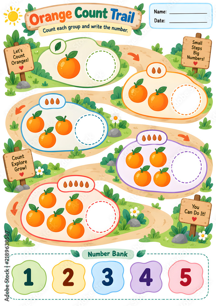 Fototapeta premium Orange Count Trail – Preschool Orange Counting Worksheet