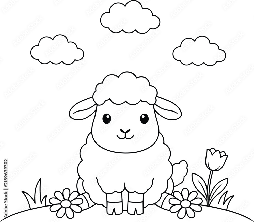 Obraz premium Adorable lamb standing in a field of flowers and grass with fluffy clouds above in a black and white line drawing