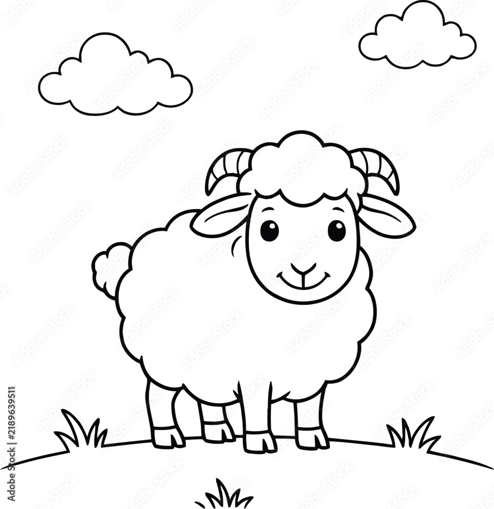 Obraz premium Charming black and white line art illustration of a fluffy sheep standing in grass with clouds above